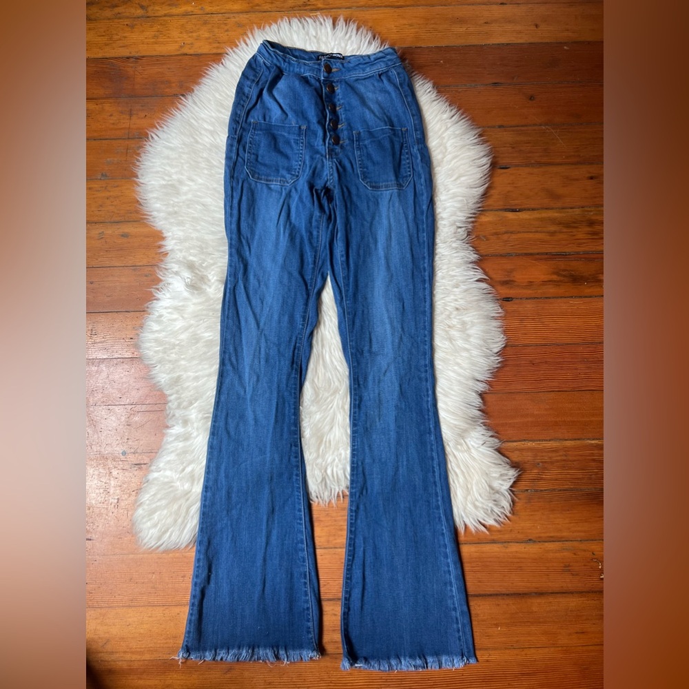Fashion Nova Blue Flared Denim Button Fly High Rise Stretch Jeans
